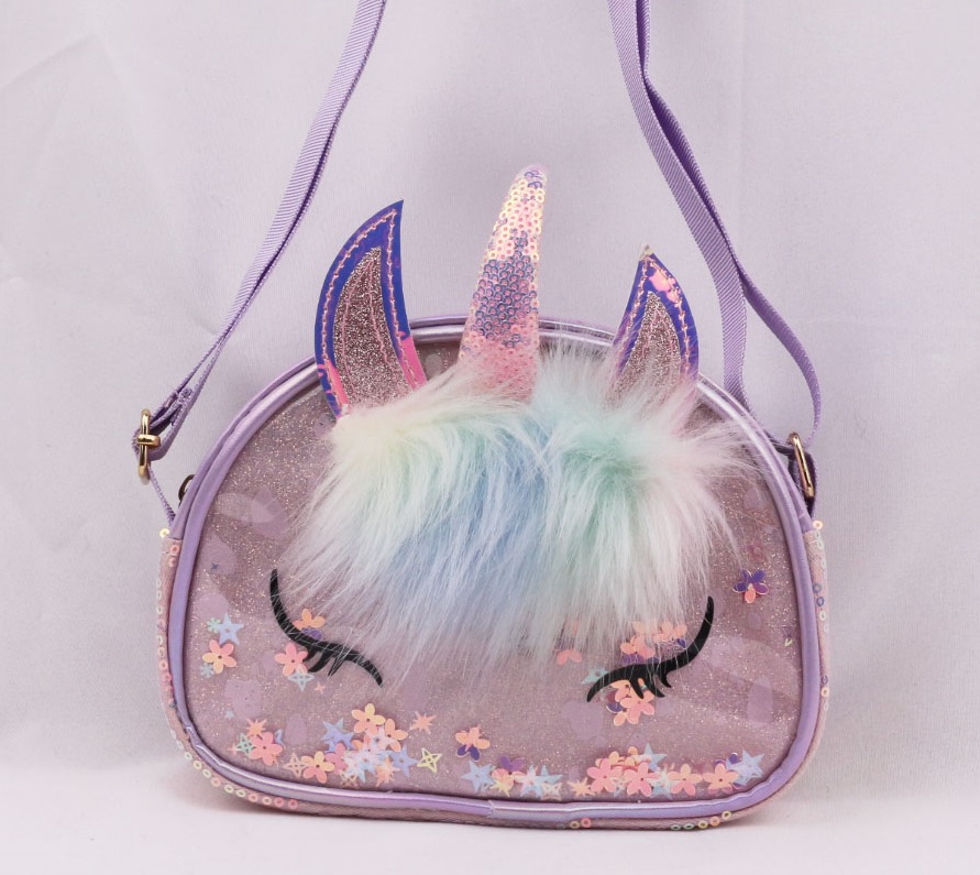 Kids' Purple & Pink Glitter Semi-Circle Crossbody Bag | Gradient Fluffy Unicorn & Sequi