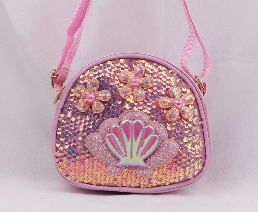 Kids' Pink & Gold Sequin Semi-Circle Crossbody Bag | Iridescent Shell & Pearl Flower De