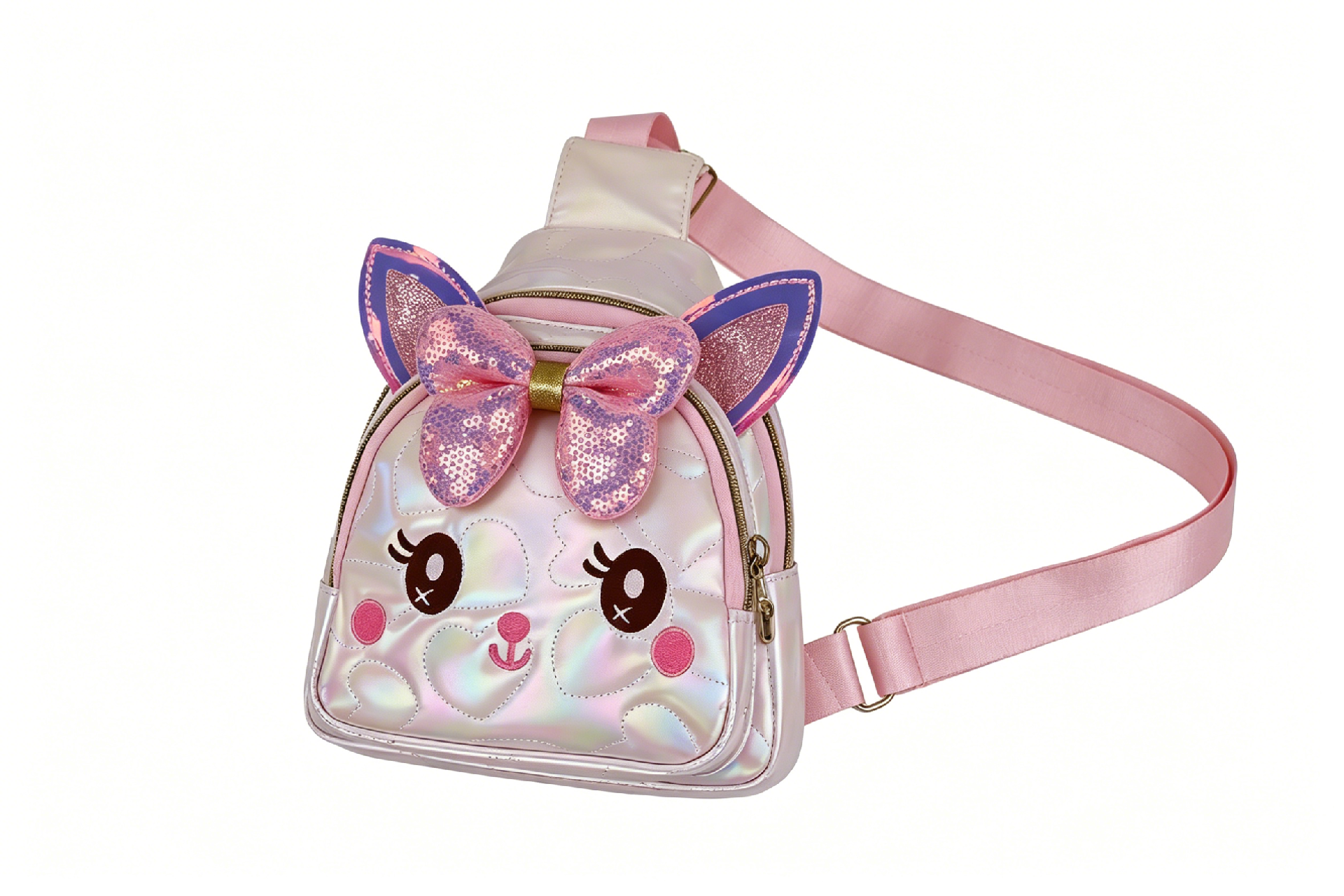 Iridescent Cartoon Chest Bag, 3D Bunny Ears + Sequined Bow Decor, Versatile & Portable Girls Dai