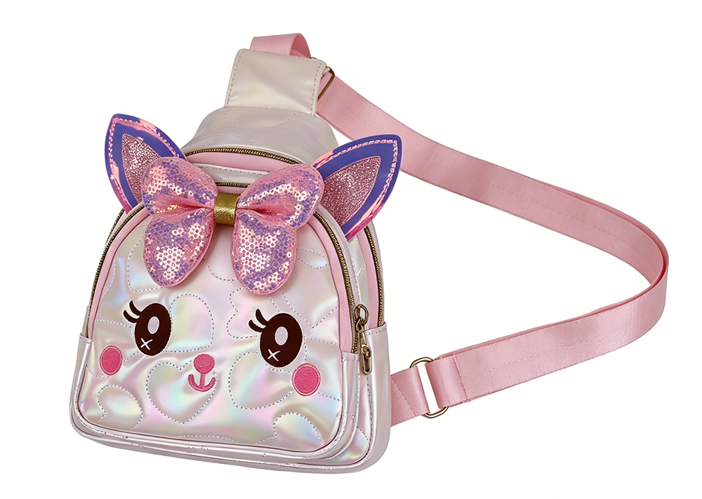 Girls Cat Ear Chest Bag, Shiny Sequins Bow Sling Crossbody Bag for Toddler Kids
