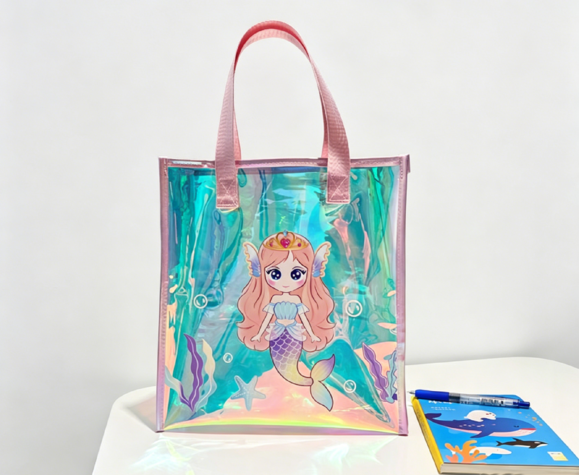 Cute Mermaid Transparent Kids Tote Bag - Lightweight Holographic Handbag