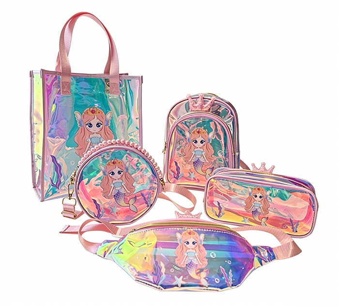 Holographic Mermaid Kids Bag Set 5PCS Transparent Girls Backpack & Tote