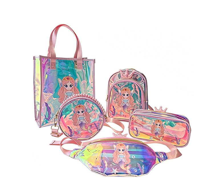Holographic Mermaid Kids Bag Set  5PCS Transparent Girls Backpack & Tote