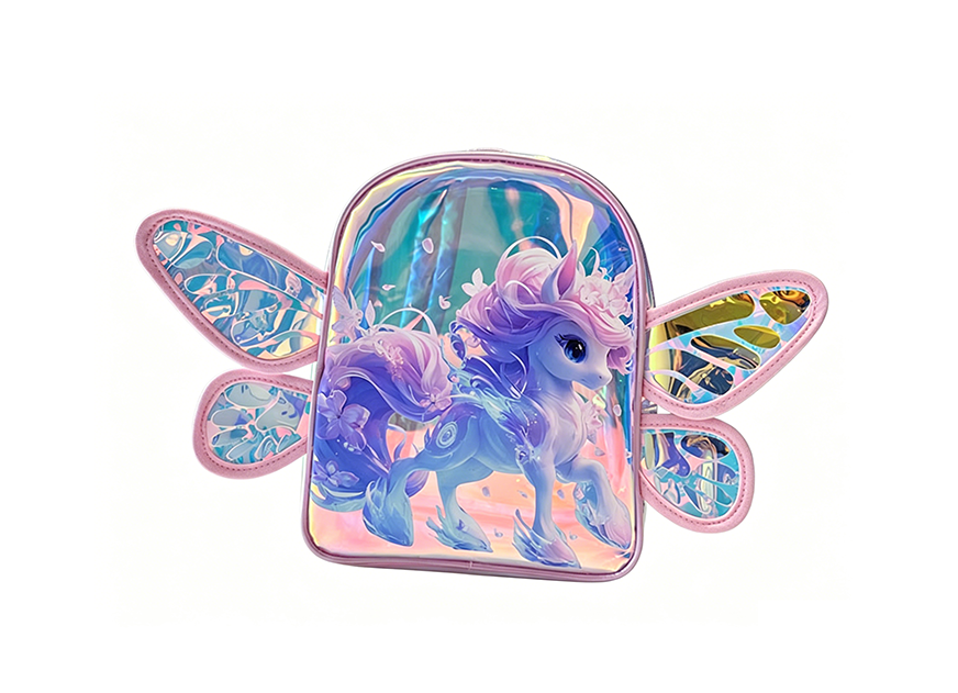 Cute Unicorn Print Holographic Kids Backpack Clear Transparent Backpack with Fairy Wings