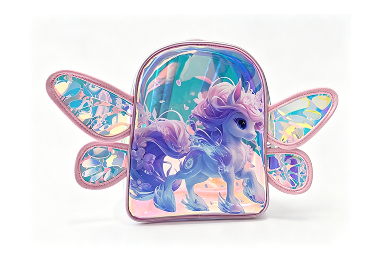 Kids Holographic Unicorn Backpack with Wings, Clear Transparent Shiny Backpack for Girls