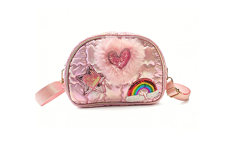 Little Girls Pink Crossbody Bag - Sparkly Sequin Heart & Rainbow Design, Lightweight Kids Should