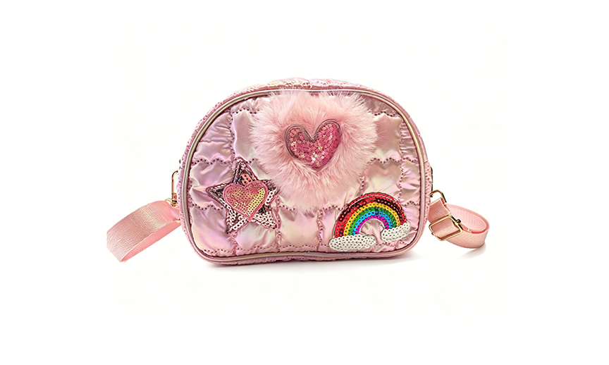 Pink Kids Crossbody Bag with Sequin Heart, Star & Rainbow - Cute Fluffy Plush Shoulder Purse for
