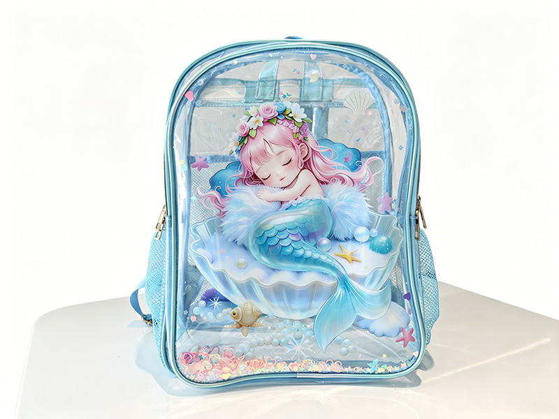 Girls Transparent Mermaid Backpack, Blue Clear PVC School Bag with Cute Sequin Details